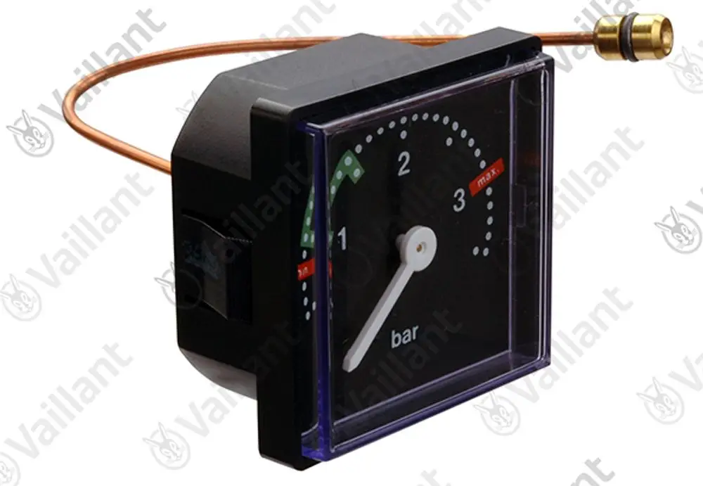 Vaillant Manometer mit einer Anzeige für den Druck in bar, versehen mit einem Kupferrohr zur Druckmessung, montiert in einem rechteckigen Gehäuse.